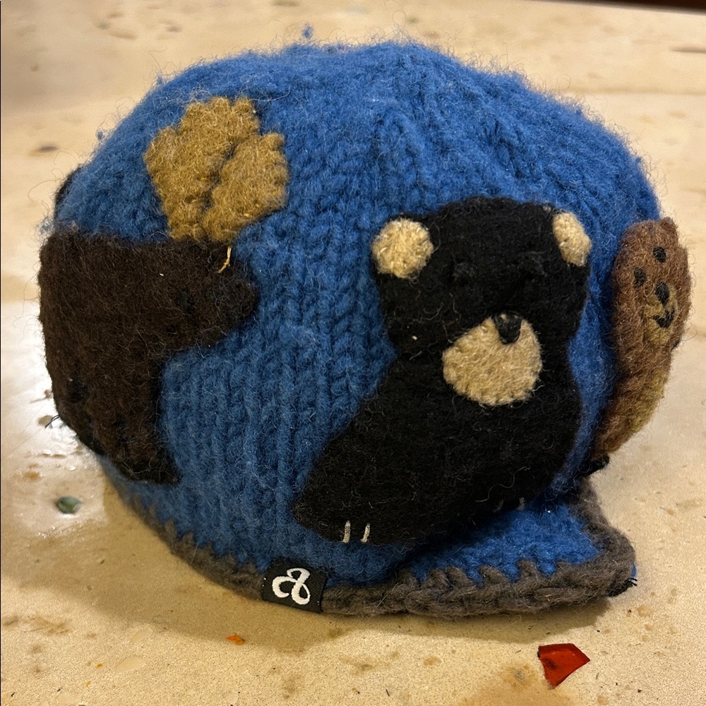 Ambler of Alberta Canada Wool Blue Knit Kids Hat with Woodland Creatures Design